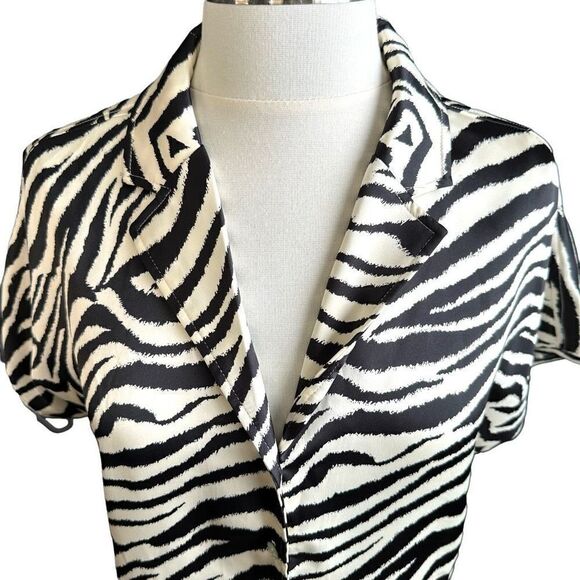 NWT Rachel Zoe Zebra Stripe Collared Button Down Short sleeve Satin Blouse - Picture 3 of 9